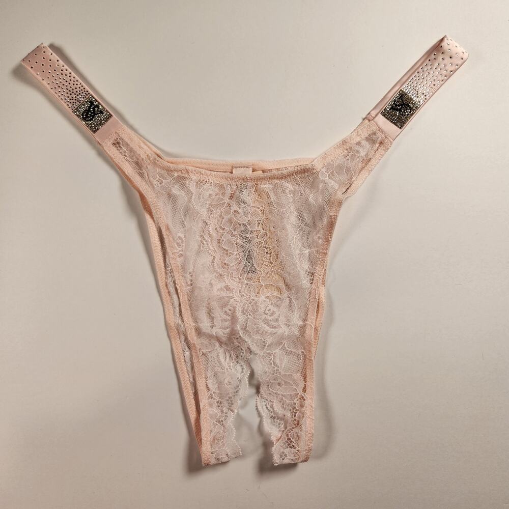 Victoria's Secret Very Sexy Pink Lace Shine Strap Crotchless Panty - Medium